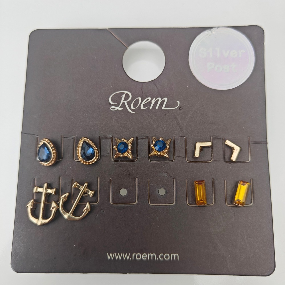 Roem Gold Tone 5 Pair Stud Earring Set Blue Amber Crystal Anchor Silver 925 Post